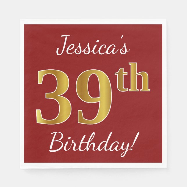 Red, Faux Gold 39th Birthday + Custom Name Napkin (Front)