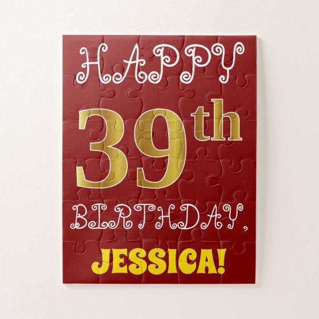 Red, Faux Gold 39th Birthday + Custom Name Puzzle (Vertical)