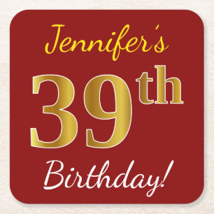 Red, Faux Gold 39th Birthday + Custom Name Square Paper Coaster