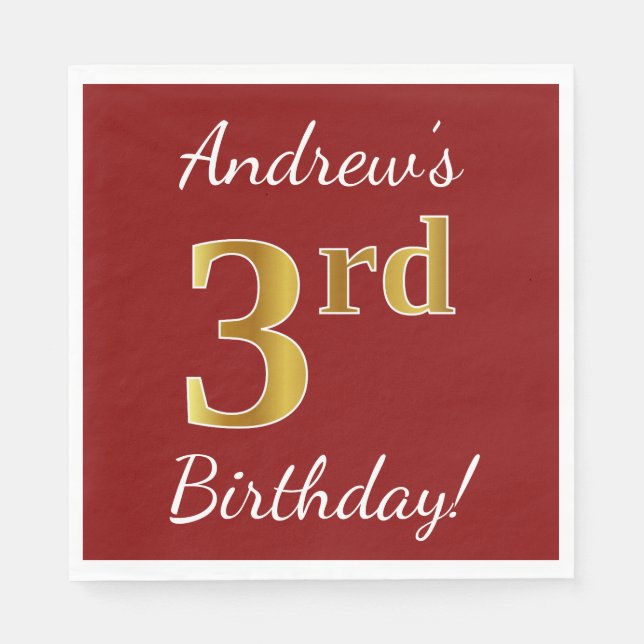 Red, Faux Gold 3rd Birthday + Custom Name Napkin (Front)