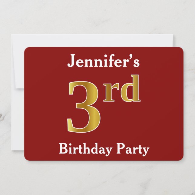Red, Faux Gold 3rd Birthday Party + Custom Name Invitation (Front)