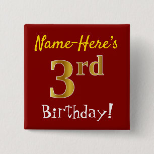 Red, Faux Gold 3rd Birthday, With Custom Name 15 Cm Square Badge