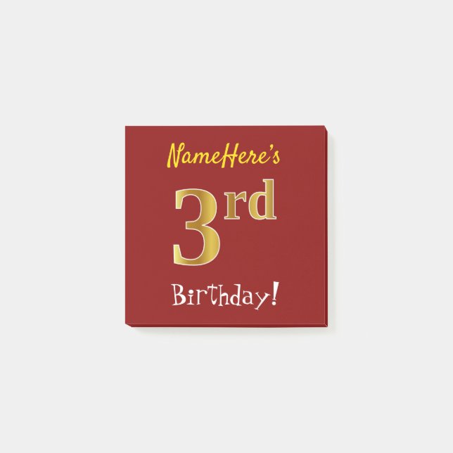 Red, Faux Gold 3rd Birthday, With Custom Name Post-it Notes (Front)