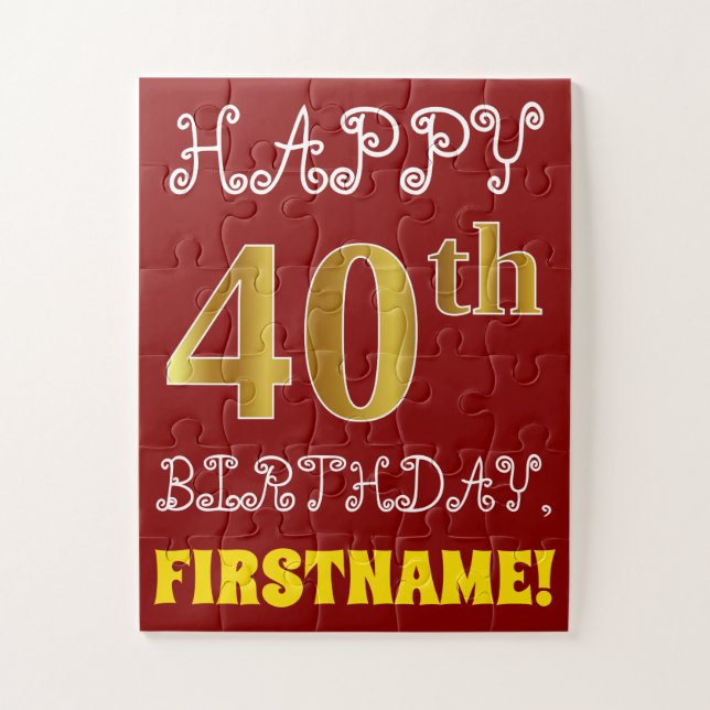 Red, Faux Gold 40th Birthday + Custom Name Puzzle (Vertical)