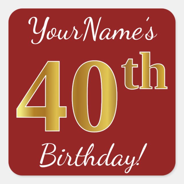 Red, Faux Gold 40th Birthday + Custom Name Sticker (Front)