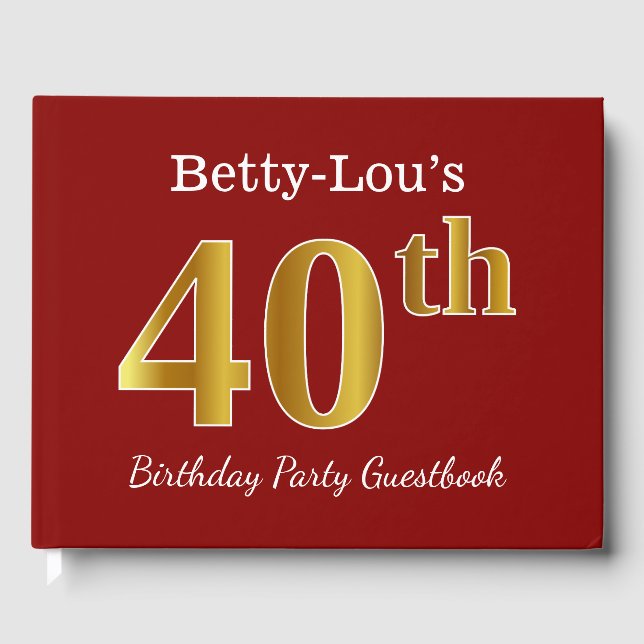 Red, Faux Gold 40th Birthday Party + Custom Name Guest Book (Front)