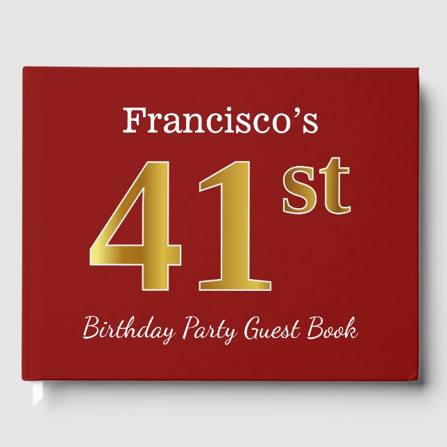 Red, Faux Gold 41st Birthday Party + Custom Name Guest Book (Front)