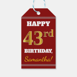 Red, Faux Gold 43rd Birthday + Custom Name Gift Tags