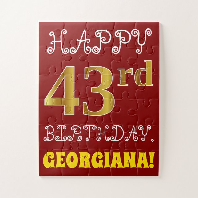 Red, Faux Gold 43rd Birthday + Custom Name Puzzle (Vertical)