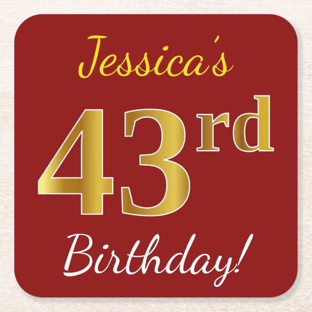 Red, Faux Gold 43rd Birthday + Custom Name Square Paper Coaster (Front)