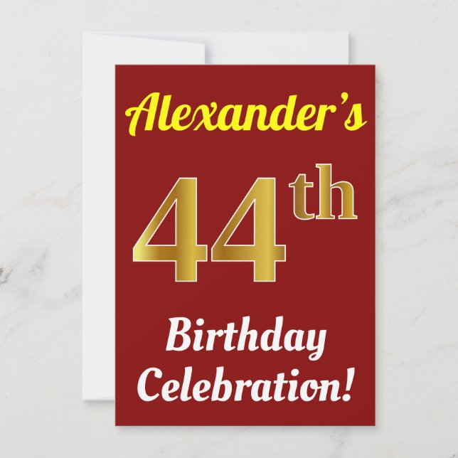 Red, Faux Gold 44th Birthday Celebration + Name Invitation (Front)
