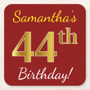 Red, Faux Gold 44th Birthday + Custom Name Square Paper Coaster