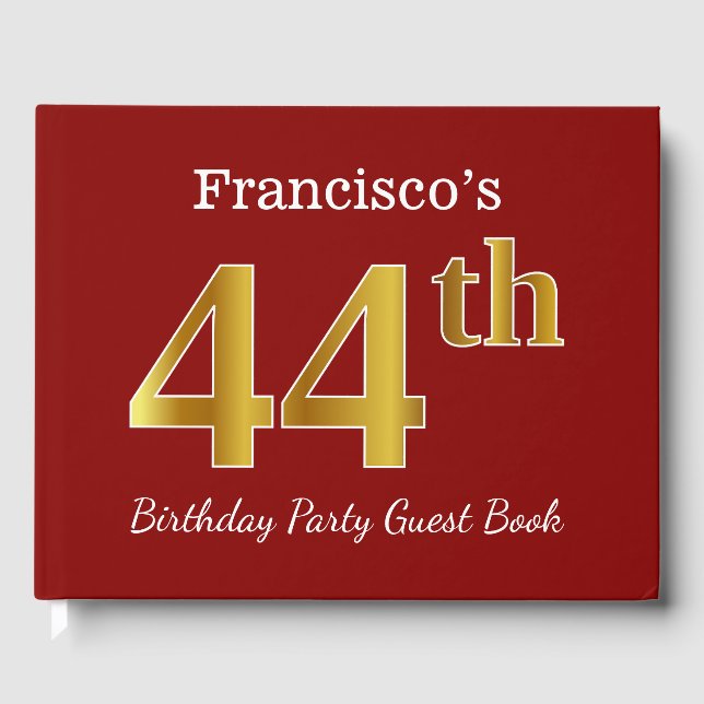 Red, Faux Gold 44th Birthday Party + Custom Name Guest Book (Front)