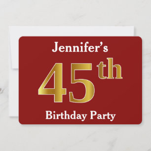 Red, Faux Gold 45th Birthday Party + Custom Name Invitation