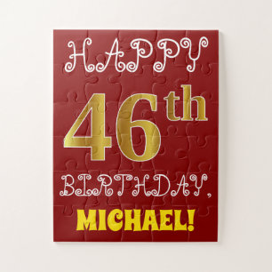Red, Faux Gold 46th Birthday + Custom Name Puzzle