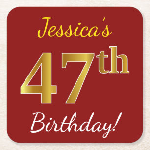 Red, Faux Gold 47th Birthday + Custom Name Square Paper Coaster
