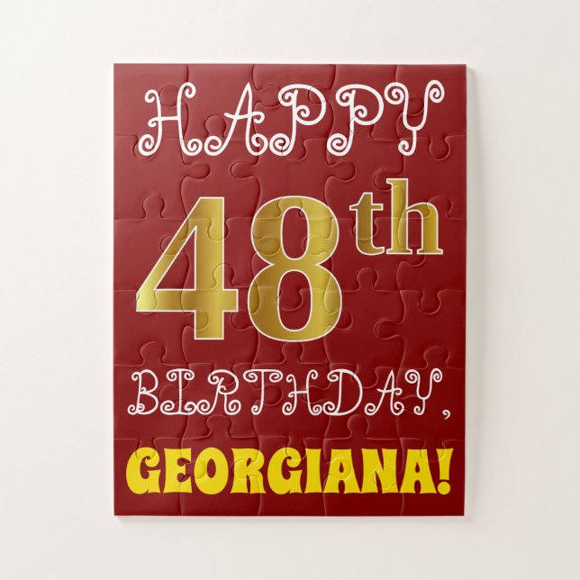 Red, Faux Gold 48th Birthday + Custom Name Puzzle (Vertical)