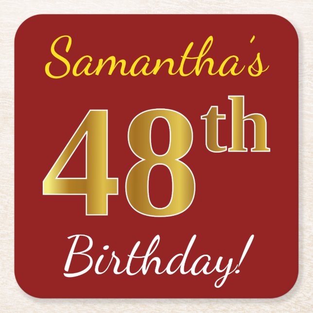 Red, Faux Gold 48th Birthday + Custom Name Square Paper Coaster (Front)