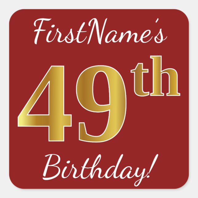 Red, Faux Gold 49th Birthday + Custom Name Sticker (Front)