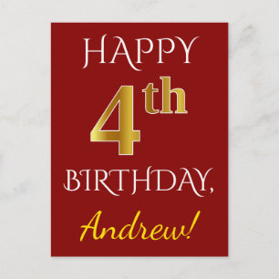 Red, Faux Gold 4th Birthday + Custom Name Postcard