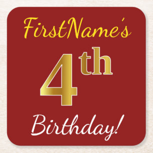 Red, Faux Gold 4th Birthday + Custom Name Square Paper Coaster