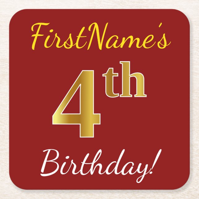 Red, Faux Gold 4th Birthday + Custom Name Square Paper Coaster (Front)