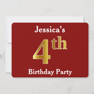 Red, Faux Gold 4th Birthday Party + Custom Name Invitation