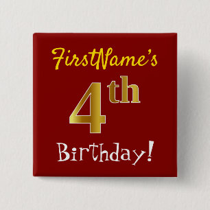 Red, Faux Gold 4th Birthday, With Custom Name 15 Cm Square Badge