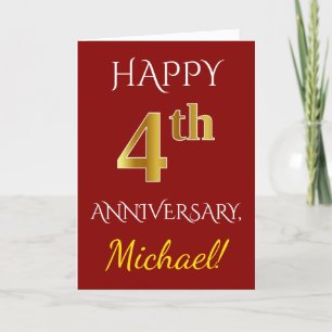 Red, Faux Gold 4th Wedding Anniversary + Name Card