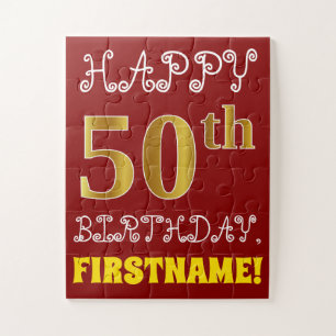 Red, Faux Gold 50th Birthday + Custom Name Puzzle