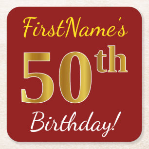 Red, Faux Gold 50th Birthday + Custom Name Square Paper Coaster
