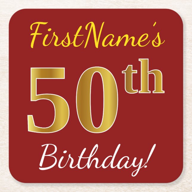 Red, Faux Gold 50th Birthday + Custom Name Square Paper Coaster (Front)