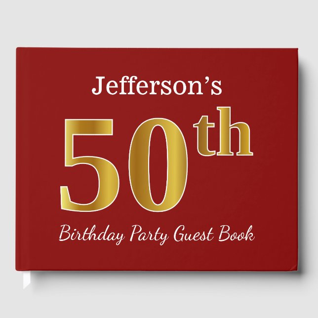 Red, Faux Gold 50th Birthday Party + Custom Name Guest Book (Front)