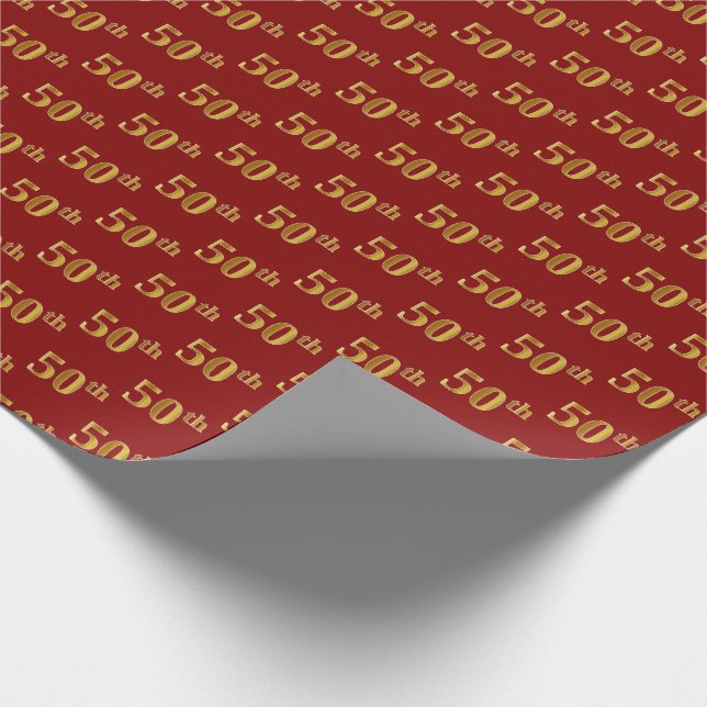 Red, Faux Gold 50th (Fiftieth) Event Wrapping Paper (Corner)