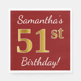 Red, Faux Gold 51st Birthday + Custom Name Napkin