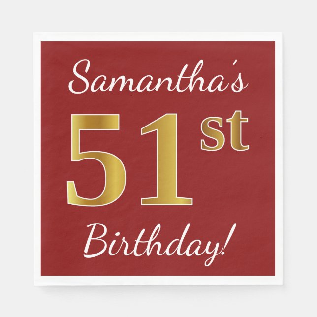 Red, Faux Gold 51st Birthday + Custom Name Napkin (Front)