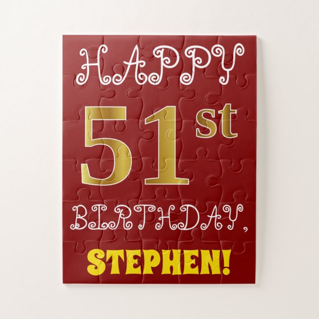 Red, Faux Gold 51st Birthday + Custom Name Puzzle (Vertical)