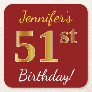 Red, Faux Gold 51st Birthday + Custom Name Square Paper Coaster