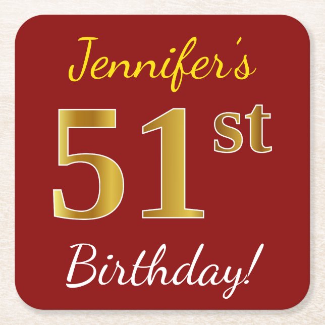 Red, Faux Gold 51st Birthday + Custom Name Square Paper Coaster (Front)