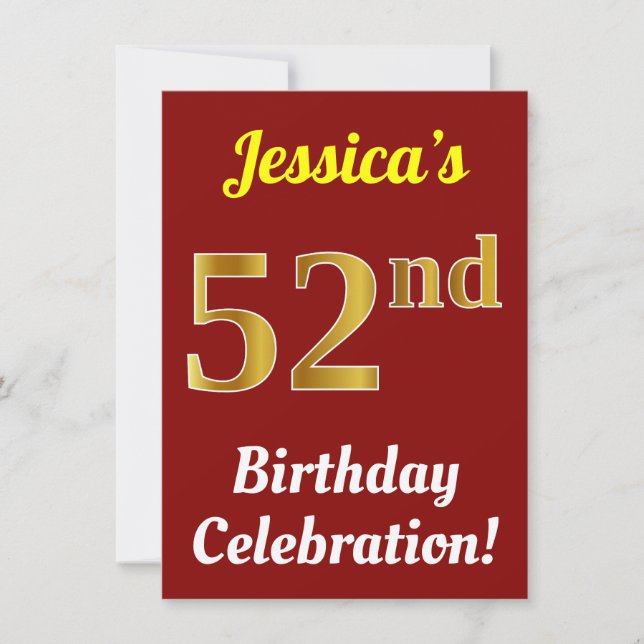Red, Faux Gold 52nd Birthday Celebration + Name Invitation (Front)