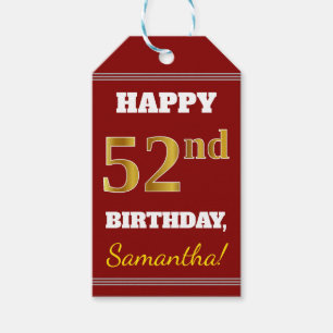 Red, Faux Gold 52nd Birthday + Custom Name Gift Tags