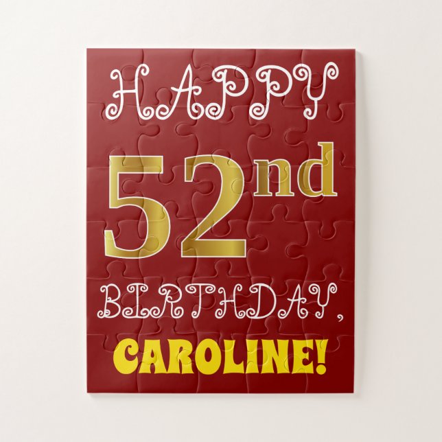 Red, Faux Gold 52nd Birthday + Custom Name Puzzle (Vertical)