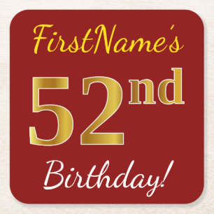 Red, Faux Gold 52nd Birthday + Custom Name Square Paper Coaster