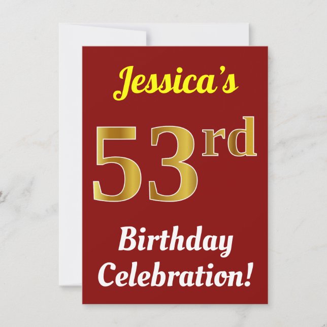 Red, Faux Gold 53rd Birthday Celebration + Name Invitation (Front)