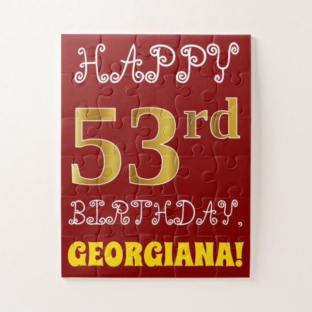 Red, Faux Gold 53rd Birthday + Custom Name Puzzle (Vertical)