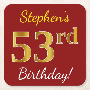 Red, Faux Gold 53rd Birthday + Custom Name Square Paper Coaster
