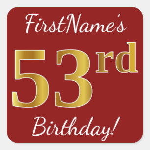 Red, Faux Gold 53rd Birthday + Custom Name Sticker
