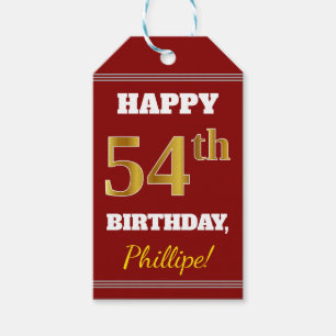 Red, Faux Gold 54th Birthday + Custom Name Gift Tags