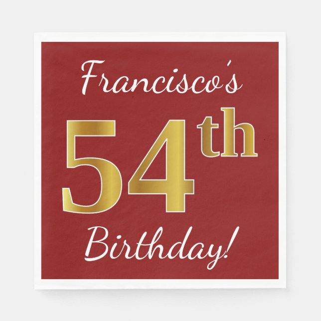 Red, Faux Gold 54th Birthday + Custom Name Napkin (Front)