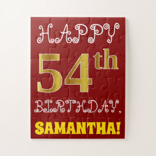 Red, Faux Gold 54th Birthday + Custom Name Puzzle